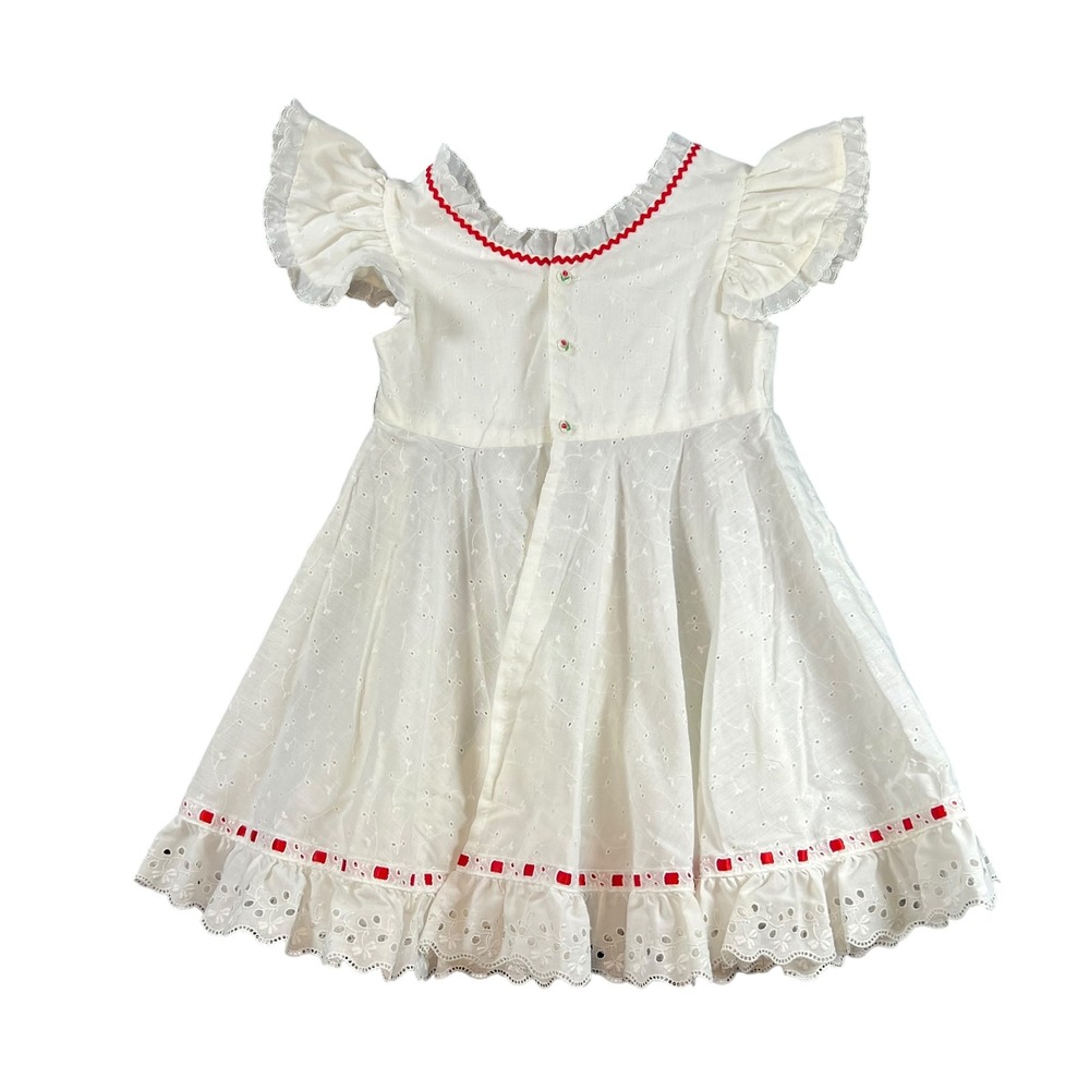 Vintage Handmade Eyelet Dress Red Rickrack Trim Toddler 2T 3T Cottagecore - Picture 5 of 10